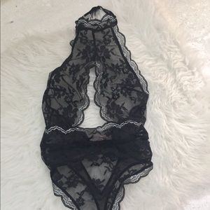 Black and silver lace high neck halter body suit